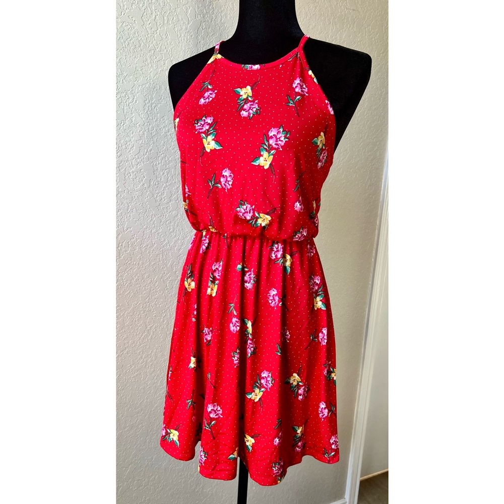 Red floral halter dress